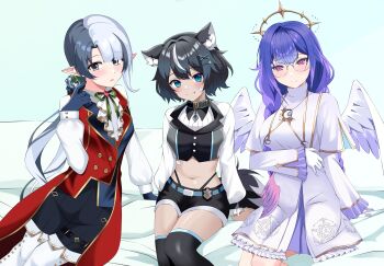3girls bed bed_sheet belly commission fangsie_fido highres katya_sable kiniro_tofu leia_memoria looking_at_viewer multiple_girls navel simple_background sitting variance_project virtual_youtuber