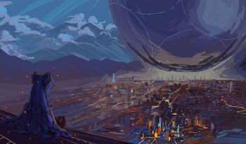 1girl absurdres bow cityscape commentary_request destiny_(game) fujiwara_no_mokou grey_hair hair_bow highres long_hair mountainous_horizon multiple_hair_bows ofuda ofuda_on_clothes pants red_eyes red_pants shirt sitting solo stunionjy suspenders touhou very_long_hair white_shirt