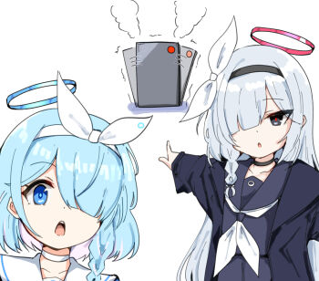 2girls arona_(blue_archive) black_eyes black_hairband black_serafuku blue_archive blue_eyes blue_hair blue_halo bow_hairband braid choker colored_inner_hair commentary_request computer computer_tower hair_over_one_eye hairband halo index_finger_raised long_hair looking_at_viewer machismo_fuji meme multicolored_hair multiple_girls neckerchief open_mouth pink_hair plana_(blue_archive) pointing pointing_backward sailor_collar school_uniform serafuku short_hair single_braid two_soyjaks_pointing_(meme) very_long_hair white_choker white_hair white_hairband