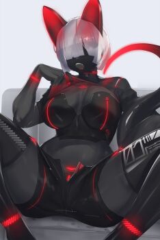 1girl absurdres animal_ears barcode barcode_tattoo bike_shorts black_shorts black_skin black_tail black_thighhighs breasts clothes_lift colored_skin commentary commentary_request echanis_enicha english_commentary gradient_tail grey_hair hair_over_eyes highres large_breasts lifting_own_clothes monster_girl neon_trim open_fly open_mouth original red_tail short_hair shorts shrug_(clothing) sitting solo tail tattoo teeth thighhighs upper_teeth_only