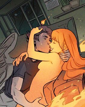 1boy 1girl black_shirt calendar_(object) commentary english_commentary fire gabriel_picolo highres hug icarus_(icarus_and_the_sun) icarus_and_the_sun indoors kiss long_hair night nude open_window orange_hair shirt short_hair smile sun_(icarus_and_the_sun) t-shirt window wings
