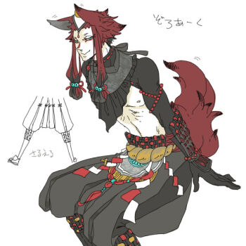 1boy animal_ears aqua_eyes bracer brown_hair elbow_gloves gen_5_pokemon gloves invisible_chair male_focus midriff nintendo nipples personification pokemon short_hair_with_long_locks sitting sketch smile tail uzou white_background zoroark