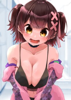 1girl bare_shoulders black_camisole black_choker blunt_bangs breasts brown_hair camisole choker cleavage collarbone commentary_request crop_top double_strap_slip ear_piercing earrings gradient_hair hair_ornament hair_ribbon highres hololive hood hooded_jacket jacket jewelry kuuneru514 large_breasts looking_at_viewer multicolored_hair navel off-shoulder_jacket off_shoulder official_alternate_costume official_alternate_hairstyle open_mouth piercing pink_jacket pink_ribbon red_hair ribbon roboco-san roboco-san_(open_pink_hoodie) short_hair smile strap_slip two_side_up upper_body virtual_youtuber x_hair_ornament yellow_eyes