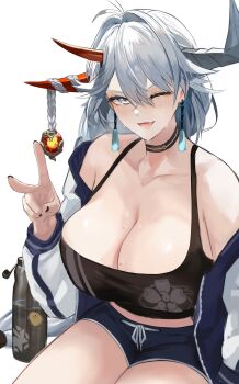 1girl ;d absurdres arm_behind_back asymmetrical_horns azur_lane bare_shoulders black_nails black_tank_top blue_eyes blue_hair blush breasts casual chiyu1182 cleavage clothes_pull crop_top dragon_girl dragon_horns earrings hair_on_horn hakuryuu_(azur_lane) half-closed_eye hand_up highres horns jacket jacket_pull jewelry large_breasts long_hair midriff nail_polish navel navel_peek off_shoulder one_eye_closed open_clothes open_jacket open_mouth sakura_empire_(emblem) sitting slit_pupils smile solo tank_top thighs track_jacket v very_long_hair white_hair