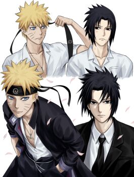 2boys adapted_costume black_coat black_headband black_jacket black_necktie black_suit boruto:_two_blue_vortex coat commentary_request cosplay dirty dirty_face expressionless facial_mark formal_clothes headband highres jacket jewelry korean_commentary male_focus mikanyuku multiple_boys naruto_(series) naruto_shippuuden necklace necktie smile suit uchiha_sasuke uzumaki_boruto uzumaki_boruto_(cosplay) uzumaki_naruto whisker_markings