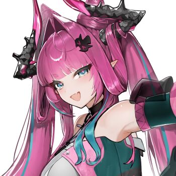 1girl arknights arknights:_endfield armpits blue_eyes blue_hair breasts commentary_request cropped detached_sleeves dragon_girl dragon_horns fang hair_intakes highres horns large_breasts looking_at_viewer pink_hair pointy_ears sanzuitaroh smile solo twintails unfinished yvonne_(arknights)