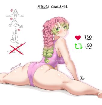 1girl ass blush braid braided_ponytail breasts flexible green_eyes green_hair jk_arts kanroji_mitsuri kimetsu_no_yaiba large_breasts leotard like_and_retweet mole mole_under_each_eye mole_under_eye multiple_moles pink_hair pink_leotard side_sitting_split sitting_split solo split stretching thighs yoga