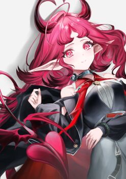 1girl absurdres amamiya_(1201hlx) arknights bare_shoulders black_collar black_dress bright_pupils closed_mouth collar commentary diamond-shaped_pupils diamond_(shape) dress fingernails grey_background highres infection_monitor_(arknights) light_blush long_hair long_sleeves looking_at_viewer nymph_(arknights) parted_bangs pink_eyes pink_hair pink_tail pointy_ears smile solo symbol-shaped_pupils tail upper_body white_pupils