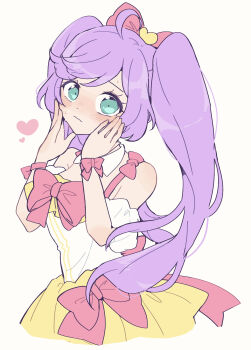 1girl absurdres ahoge bare_shoulders blush bow closed_mouth commentary_request detached_collar detached_sleeves dress green_eyes hair_bow hands_on_own_cheeks hands_on_own_face hands_up heart highres long_hair looking_at_viewer manaka_laala multicolored_dress nojima_minami pink_bow pretty_series pripara puffy_detached_sleeves puffy_sleeves purple_hair short_dress shy simple_background sleeveless sleeveless_dress solo twintails very_long_hair waist_bow white_background white_sleeves
