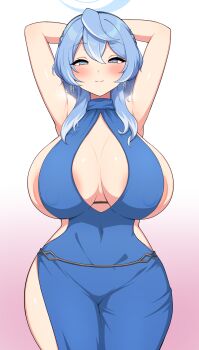 1girl aikome_(haikome) ako_(blue_archive) ako_(dress)_(blue_archive) areola_slip armpits arms_up blue_archive blue_dress blue_eyes blue_hair blue_halo blush breasts curvy dress female_focus gradient_background halo hands_behind_own_head hands_up highres huge_breasts long_hair looking_at_viewer smile solo