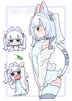 1boy @_@ angry animal_ear_fluff animal_ears arched_back arm_up bare_shoulders blunt_bangs blush bow bra bulge cat_boy cat_ears cat_tail closed_mouth collarbone commentary covered_navel covering_crotch covering_privates cowboy_shot crossdressing crossdressing_(mtf) dress eve_(op_na_yarou) fang from_side frown fur-trimmed_jacket fur_trim garter_straps grey_bow grey_bra grey_eyes grey_panties grey_ribbon grey_thighhighs hair_intakes hair_tie hand_up highres jacket leaf light_blush long_sleeves looking_at_viewer male_focus medium_hair microdress multicolored_thighhighs multiple_views no_nose off_shoulder op_na_yarou open_clothes open_jacket open_mouth original panties panty_straps portrait reaching ribbon see-through_clothes see-through_dress sidelocks simple_background sleeveless sleeveless_dress sleeves_past_fingers sleeves_past_wrists standing striped_clothes striped_thighhighs sweat tail tail_ornament tail_ribbon thighhighs thighs trap two-tone_thighhighs two_side_up underwear v-shaped_eyebrows v_arms watermark white_background white_dress white_hair white_jacket white_thighhighs