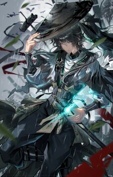 1boy absurdres arm_armor black_hair black_pants cloak commentary_request grey_eyes hair_between_eyes highres holding holding_sword holding_weapon long_hair male_focus moon outdoors pants ponytail qiuyuan_(wuthering_waves) rain soare_lucien solo sword weapon white_cloak wuthering_waves