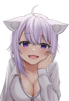 1girl ahoge animal_ear_fluff animal_ears blush breasts cat_ears cat_girl cleavage collarbone commentary_request crossed_bangs fang hair_between_eyes hand_on_own_cheek hand_on_own_face hand_up highres hololive large_breasts long_sleeves looking_at_viewer medium_hair nekomata_okayu nekomata_okayu_(oversized_shirt) open_mouth purple_eyes purple_hair ramkilog shirt simple_background smile solo upper_body virtual_youtuber white_background white_shirt
