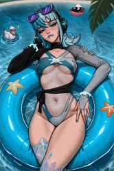 1girl ai-assisted blue_eyes blue_hair breasts cleavage curvy heterochromia highleg highleg_one-piece_swimsuit highres large_breasts long_hair looking_at_viewer luna_snow luna_snow_(cool_summer) marvel marvel_rivals multicolored_hair official_alternate_costume one-piece_swimsuit prixmal short_hair smile split-color_hair swimsuit two-tone_hair venom_(marvel) white_hair wide_hips