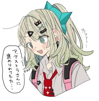 1girl @_@ bandaid bandaid_hair_ornament blush chinatsu_remiel collar commentary_request cropped_torso ear_blush earrings green_eyes green_hair hair_ornament highres jewelry long_hair multiple_hair_clips musical_note_earrings necktie niupum open_mouth pink_bag ponytail print_necktie raised_eyebrows red_necktie ring_hair_ornament shirt simple_background solo speech_bubble sweat thought_bubble translation_request white_background white_shirt zenless_zone_zero