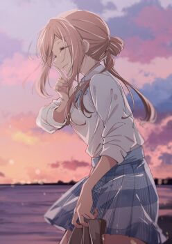 Rule 34 | 1girl, beach, blue skirt, brown hair, closed mouth, cloud, cloudy sky, commentary request, from side, gakuen idolmaster, hair bun, hatsuboshi gakuen school uniform, highres, himesaki rinami, holding, holding shoes, holding unworn clothes, idolmaster, musihara, open mouth, outdoors, school uniform, shoes, single hair bun, skirt, sky, sleeves rolled up, smile, solo, unworn shoes