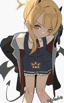 1girl black_coat black_horns black_wings blonde_hair blue_archive blue_dress closed_mouth coat collared_shirt commentary demon_horns demon_tail dress english_commentary halo hand_on_own_hip highres horns ibuki_(blue_archive) implied_pregnancy leaning_forward loli long_hair long_sleeves looking_at_viewer neck_ribbon open_clothes open_coat pinafore_dress pointy_ears pregnancy_halo red_ribbon revision ribbon shirt simple_background sleeveless sleeveless_dress smile solo standing swept_bangs sydus tail twitter_username upper_body v-shaped_eyebrows white_background white_shirt wings yellow_eyes
