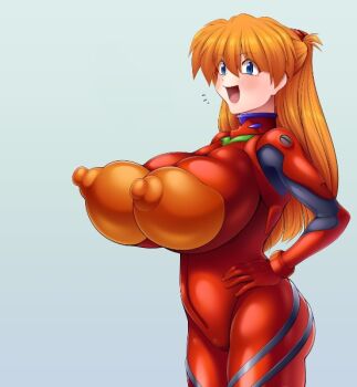 1girl blue_eyes bodysuit breasts commentary_request covered_erect_nipples hijiri_ijiri huge_breasts long_hair looking_at_viewer mecha_pilot_suit neon_genesis_evangelion open_mouth orange_hair plugsuit_(evangelion) red_bodysuit smile solo souryuu_asuka_langley thighs