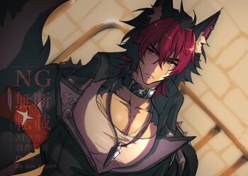 1boy 430zzz animal_ear_fluff animal_ears black_hair black_jacket body_fur closed_mouth collar collarbone dog_boy dog_ears dog_tail ear_piercing hair_between_eyes half-closed_eyes highres jacket jewelry komano_manato looking_at_viewer male_focus multicolored_hair multiple_scars muscular muscular_male necklace outdoors pectorals piercing red_hair scar scar_across_eye scar_on_chest scar_on_face shadow shirt short_hair solo spiked_jacket tail upper_body v-shaped_eyebrows white_shirt zenless_zone_zero