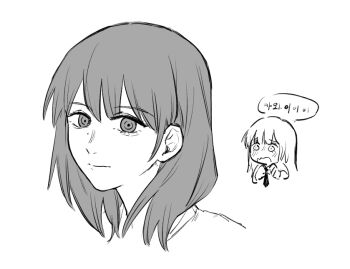 Rule 34 | 2girls, animification, basil (wgh0anzdple3asf), character request, chibi, chibi inset, closed mouth, commentary request, fujimoto tatsuki (style), greyscale, korean commentary, light smile, long hair, looking at viewer, monochrome, multiple girls, necktie, portrait, real life, ringed eyes, simple background, split mouth, tsukine kona, voice actor, white background