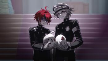 0728026543 2boys ahoge aotsuki_eito armband black_jacket black_pants black_streaks blue_eyes bow bowtie brain chinese_commentary commentary_request eyeshadow gakuran glasses gloves grey_eyes grey_hair grin headgear heart highres indoors jacket last_defense_academy_school_uniform looking_at_another makeup male_focus multicolored_hair multiple_boys nervous_sweating pants red_bow red_bowtie red_eyeshadow red_hair school_uniform short_hair sirei_(hundred_line) smile spoilers streaked_hair sumino_takumi sweat the_hundred_line_-last_defense_academy- white_armband white_gloves