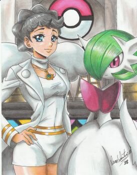 2girls blue_eyes bob_cut brown_hair colored_skin diantha_(pokemon) elbow_gloves gardevoir gen_3_pokemon gloves green_hair hair_over_one_eye hand_on_own_hip highres jacket mega_gardevoir mega_pokemon multiple_girls nintendo pink_eyes poke_ball_symbol pokemon pokemon_(creature) pokemon_xy ravernclouk_design signature white_gloves white_jacket white_skin