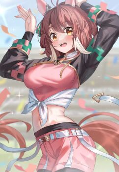 1girl absurdres ame_sagari animal_ears arms_up belt black_pants black_shrug blurry blurry_background blush breasts brown_hair brown_tail commentary_request confetti dantsu_flame_(center_spotlight)_(umamusume) dantsu_flame_(umamusume) ear_covers hair_between_eyes highres horse_ears horse_girl horse_tail large_breasts looking_at_viewer midriff navel open_mouth pants pink_shirt pink_shorts shirt shorts shrug_(clothing) smile solo sparkle sweat tail teeth tied_shirt umamusume upper_teeth_only white_belt white_hair white_streaks