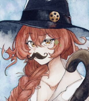 1girl bette_(reverse:1999) black_hat braid brown_eyes brown_hair cane commentary_request fake_facial_hair fake_mustache fedora hakamori_shishamo hat highres long_braid looking_at_viewer painting_(medium) portrait raised_eyebrow reverse:1999 shirt single_braid solo sparkle traditional_media uneven_eyes watercolor_(medium) white_shirt