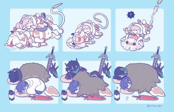 ! 2girls alfonse_(fire_emblem) animal_ear_hairband animal_ears ash_(fire_emblem) bicep_strap black_horns blonde_hair blue_hair blush brother_and_sister cape chibi chibi_only commentary cow_ears cow_girl cow_horns cow_tail dark-skinned_female dark_skin fake_animal_ears fire_emblem fire_emblem_heroes flower fur_cape gloves hair_flower hair_ornament hairband holding horn_cover horns hug jewelry lantern lif_(fire_emblem) long_hair multiple_boys multiple_girls mushi_rags musical_note nintendo official_alternate_costume open_mouth piercing ponytail rabbit_ear_hairband rabbit_ears red_eyes saliva scabbard sharena_(fire_emblem) sharena_(spring_princess)_(fire_emblem) sheath shield short_hair siblings simple_background sleeping sleeping_on_person sleeping_together smile surprised sword tail tongue tongue_out udder weapon white_hair