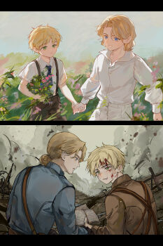 2boys absurdres age_comparison aged_down axis_powers_hetalia back belt blonde_hair blood blood_in_hair blood_on_face blue_eyes blue_jacket blue_pants book bouquet brown_belt brown_jacket brown_pants child collared_shirt cubed_(houkuaid) day facial_hair flower france_(hetalia) green_eyes highres holding holding_book holding_bouquet holding_hands injury jacket long_sleeves looking_at_another low_ponytail male_focus military_jacket military_uniform multiple_boys necktie open_book open_mouth outdoors pants pocket ponytail shirt short_hair short_ponytail short_sleeves sitting sky smile smoke split_screen suspenders thick_eyebrows trench united_kingdom_(hetalia) white_shirt white_sky