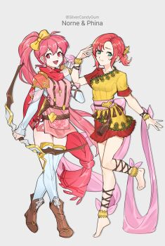 2girls alternate_costume armor barefoot belt boots bow bow_(weapon) bracelet breasts brown_belt brown_boots closed_mouth commentary cosplay costume_switch dancer english_commentary fire_emblem fire_emblem:_mystery_of_the_emblem fire_emblem:_shadow_dragon full_body green_hair highres holding holding_weapon jewelry long_hair multiple_girls nintendo norne_(fire_emblem) norne_(fire_emblem)_(cosplay) phina_(fire_emblem) phina_(fire_emblem)_(cosplay) pink_eyes pink_hair ponytail red_scarf revision scarf short_hair shoulder_armor signature silvercandy_gum simple_background small_breasts smile thighhighs weapon white_thighhighs yellow_bow