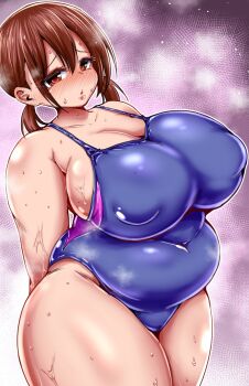 1girl arms_behind_back belly blue_one-piece_swimsuit blush boku_no_kokoro_no_yabai_yatsu breasts brown_hair cleavage covered_erect_nipples hara_honoka huge_breasts lips low_twintails medium_hair navel omochi_201 one-piece_swimsuit plump purple_background red_eyes solo standing swimsuit thick_thighs thighs twintails wet wide_hips
