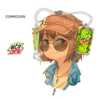 1girl absurdres beer_hat blue_eyes braid brown_hair can collared_shirt commentary commission copyright_name drink_can english_commentary final_fantasy final_fantasy_xiv hawaiian_shirt highres jewelry key key_necklace lalafell liquid looking_at_viewer medium_hair mountain_dew necklace portrait shirt snorkel soda_can solo sunglasses swimnemo tube visor_cap warrior_of_light_(ff14)