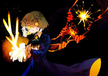 Rule 34 | 1girl, 1other, angela (project moon), ascot, blue coat, blue hair, clock, coat, collared shirt, commentary, dante (limbus company), fire, frilled sleeves, frills, golden bough (limbus company), hands up, library of ruina, limbus company, mochigome 138, object head, project moon, shirt, short hair, sidelocks, two-sided coat, two-sided fabric, untranslatable commentary, white ascot, white shirt, yellow coat