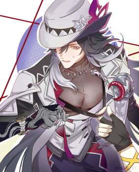 Rule 34 | 2boys, ashveil (honkai: star rail), badge, black hair, bracelet, caelus (honkai: star rail), clothes tug, commentary request, covered pectorals, fedora, fingerless gloves, gloves, grey eyes, hat, honkai: star rail, honkai (series), jacket, jewelry, light smile, male focus, multiple boys, necklace, niao57, open clothes, open jacket, open mouth, pants, pectoral cleavage, pectorals, sweatdrop, tattoo, toned, toned male, trailblazer (honkai: star rail), vest, waistcoat