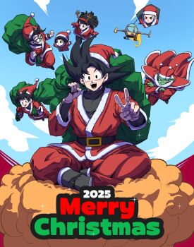 3girls 6+boys absurdres bag black_hair black_shirt chi-chi_(dragon_ball) christmas colored_skin commentary_request dragon_ball dragon_ball_super dragon_ball_super_super_hero family flying_nimbus green_skin highres holding holding_bag horang4628 jacket korean_commentary medium_hair merry_christmas midair multiple_boys multiple_girls pan_(dragon_ball) pants piccolo pout red_jacket red_pants shirt short_hair sitting son_gohan son_goku son_goten spiked_hair v videl