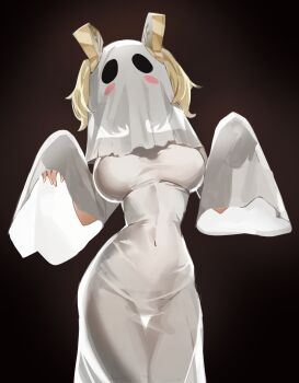 1girl absurdres blonde_hair blush breasts burnice_white covered_navel cowboy_shot dark_background dress ghost ghost_costume ghost_girl_(niyeye2019) ghost_mask ghost_pose halloween halloween_costume highres medium_breasts naked_costume ppangchil sheet_ghost short_twintails solo standing taut_clothes tight_clothes tight_dress twintails white_dress zenless_zone_zero