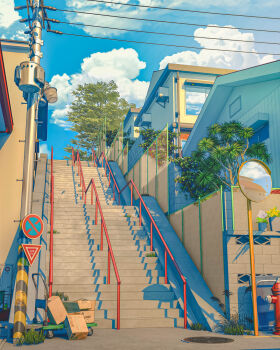 absurdres blue_sky box cardboard_box cloud day fire_hydrant highres house japan mirror no no_humans omorphia original outdoors plant sky stairs suga_shrine_otokozaka tokyo_(city) utility_pole