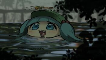 1girl blue_eyes blue_hair blunt_bangs blush bug commentary_request dragonfly hair_bobbles hair_ornament insect kawashiro_nitori mememaru open_mouth outdoors partially_submerged river sharp_teeth short_hair solo swimming teeth touhou twitter_username two_side_up water