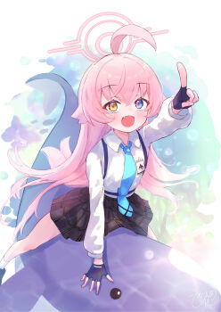 1girl absurdres ahoge black_gloves black_skirt blue_archive blue_eyes blue_necktie blush cetacean_tail commentary_request fang fingerless_gloves fins fish_tail gloves hair_between_eyes halo heterochromia highres hoshino_(blue_archive) id_card long_hair long_sleeves necktie on_animal open_mouth pikamame_il pink_hair pink_halo plaid_clothes plaid_skirt pointing puffy_long_sleeves puffy_sleeves school_uniform shirt shoes simple_background skin_fang skirt socks solo straight_hair tail very_long_hair whale white_shirt white_socks yellow_eyes