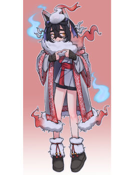 Rule 34 | 1boy, animal ears, black hair, border, closed mouth, colored inner hair, commentary, cosplay, crossed bangs, eyeshadow, furrowed brow, gradient background, grey fur, hachigo (user fcvx3358), hair between eyes, hairband, hands up, highres, hisuian zorua, hisuian zorua (cosplay), hunched over, index fingers together, kieran (pokemon), long sleeves, looking to the side, makeup, male focus, multicolored hair, nintendo, open clothes, pokemon, pokemon legends: arceus, pokemon sv, purple hair, red eyeshadow, red fur, red hairband, sash, sleeves past wrists, solo, tearing up, two-tone hair, wavy mouth, white border