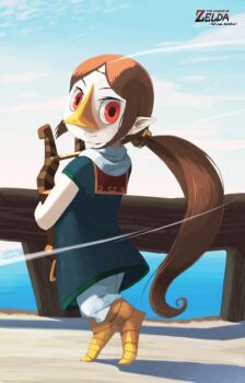1girl beak bird_girl black_dress brown_hair dress highres instrument long_hair looking_at_viewer low_ponytail lyre medli nintendo nishimura_(prism_engine) outdoors ponytail red_eyes smile solo the_legend_of_zelda the_legend_of_zelda:_the_wind_waker wind