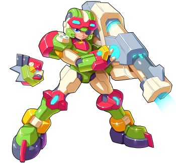 absurdres armor biometal blue_eyes boots commentary commission cosplay craft_(mega_man) craft_(mega_man)_(cosplay) english_commentary full_body gloves green_armor green_helmet gun helmet highres holding holding_gun holding_weapon legs_apart mega_man_(series) mega_man_zero_(series) mega_man_zero_4 mega_man_zx neige_(mega_man) power_suit scouter simple_background standing ultimatemaverickx weapon white_background