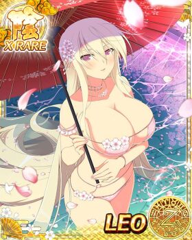 Rule 34 | 1girl, absurdly long hair, aquarius (symbol), aries (symbol), belly chain, bikini, blonde hair, blush, border, branch, breasts, cancer (symbol), capricorn (symbol), card (medium), character name, cherry blossoms, cleavage, collarbone, cowboy shot, dodecagram, eyepatch bikini, falling petals, floating hair, floral print, floral print bikini, flower, flower-trimmed bikini, flower necklace, gem, gemini (symbol), groin, hair between eyes, hair flower, hair ornament, jewelry, large breasts, leo (senran kagura), leo (symbol), libra (symbol), long hair, looking at viewer, micro bikini, navel, necklace, official alternate hair length, official alternate hairstyle, official art, oil-paper umbrella, outdoors, parted lips, petals, pink bikini, pink flower, pink petals, pisces (symbol), print bikini, purple eyes, red umbrella, reflection, reflective liquid, sagittarius (symbol), school emblem, scorpio (symbol), senran kagura, senran kagura new wave, shiny skin, skindentation, smile, solo, sparkle, spring (season), string bikini, swimsuit, taurus (symbol), tree, umbrella, very long hair, virgo (symbol), wading, water, wet, wet hair, white flower, zodiac wheel
