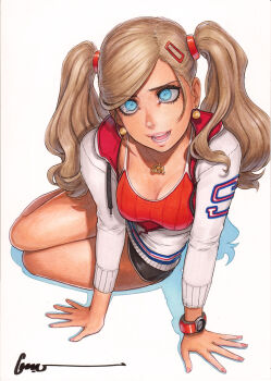 1girl artist_name black_shorts blonde_hair blue_eyes breasts cleavage earrings hair_ornament hair_tie hairclip highres hood hoodie jewelry leaning_forward long_hair looking_at_viewer medium_breasts nail_polish omar_dogan open_clothes open_hoodie open_mouth partially_unzipped persona persona_5 pink_nails red_tank_top ribbed_tank_top scan short_shorts shorts signature simple_background sitting smile solo takamaki_ann tank_top third-party_source traditional_media twintails two-tone_hoodie watch white_background white_hoodie wristwatch