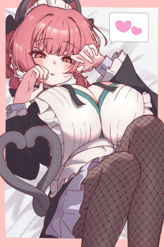 1girl alternate_breast_size_(larger) braid breasts cleavage commentary_request fishnet_pantyhose fishnets heart highres huge_breasts kaenbyou_rin long_sleeves maid maid_headdress pantyhose paw_pose qhtz5jk12g76962 red_eyes red_hair solo spoken_heart touhou twin_braids