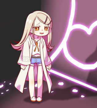 1girl blonde_hair blue_shorts chaki_(teasets) coat commentary_request denim denim_shorts gakuen_idolmaster hair_ornament hairclip highres idolmaster long_hair open_clothes open_coat open_mouth parody shinosawa_hiro shirt shoes short_shorts shorts slouching_shigure_ui_(meme) smile solo stage standing white_coat white_shirt white_shoes yellow_eyes