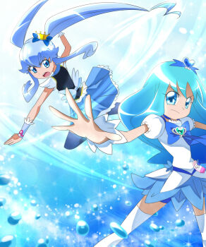 Rule 34 | 2girls, arm up, bike shorts, black vest, blue background, blue bike shorts, blue bow, blue choker, blue dress, blue eyes, blue hair, blue shorts, blue theme, blue thighhighs, blue wrist cuffs, bottle, bow, brooch, chest bow, choker, closed mouth, commentary, crown, cure marine, cure princess, d:, dress, feet out of frame, floating hair, floral dress, frilled dress, frilled sleeves, frilled wrist cuffs, frills, frown, furrowed brow, gold crown, hair between eyes, hair bow, hair ornament, happinesscharge precure!, heart, heart brooch, heart hair ornament, heartcatch precure!, highres, in-franchise crossover, jewelry, knee up, kurumi erika, legs apart, long hair, looking at viewer, magical girl, mini crown, multiple girls, ocean, open hand, open mouth, outstretched arms, outstretched hand, perfume bottle, pouch, precure, puffy short sleeves, puffy sleeves, serious, shirayuki hime, short dress, short sleeves, shorts, sonili, spread fingers, teeth, thighhighs, twintails, two-tone dress, upper teeth only, very long hair, vest, water drop, whirlwind, white dress, white thighhighs, wrist cuffs, zettai ryouiki