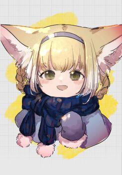 Rule 34 | 1girl, :d, animal ears, arknights, artist name, blonde hair, blue coat, blue hairband, blue mittens, blue scarf, braid, braided hair rings, coat, colored tips, cropped torso, fox ears, fur-trimmed mittens, fur trim, green eyes, hair rings, hairband, highres, looking at viewer, mittens, multicolored hair, niwatori (akira 207), open mouth, scarf, short hair, smile, solo, suzuran (arknights), twin braids, white hair