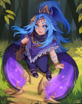 1girl absurdres artist_name bag black_boots blue_eyes blue_hair boots brown_bag character_request copyright_request day from_above grass highres leaf long_hair long_sidelocks looking_at_viewer maewix_(artist) outdoors pants path poncho ponytail purple_pants purple_poncho road shoulder_bag sidelocks solo standing tree